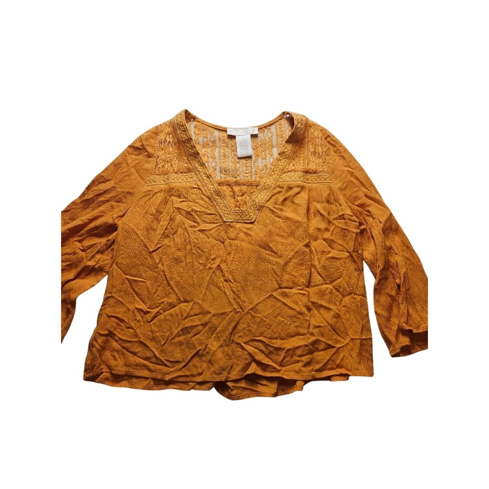 Flying Tomato Lace Yoke Boho Blouse V-Neck Rayon Top IT9201 Small